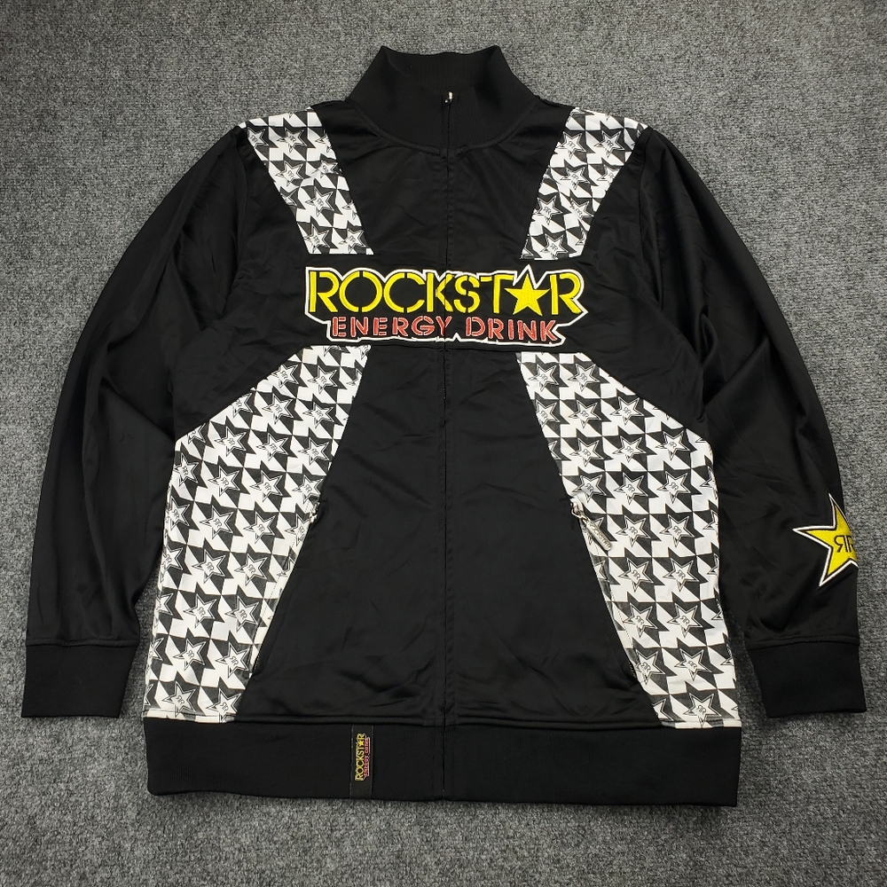 Vintage Y2K Rockstar Energy Track Jacket Mens Medium Black Zip Up Spellout